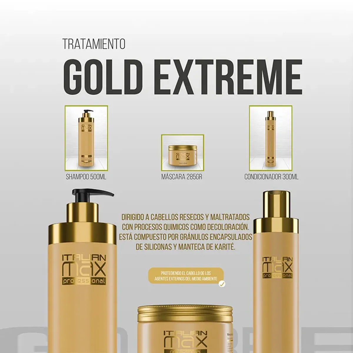 ITALIAN MAX - Gold Extreme Shampoo 500ml Acondicionador 300ml Mascarilla 285ml - Imagen 2